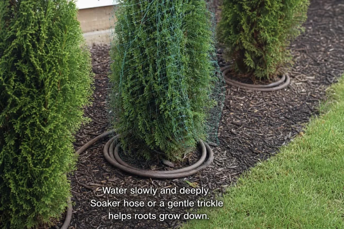 Emerald Green arborvitae row with watering and deer pressure context