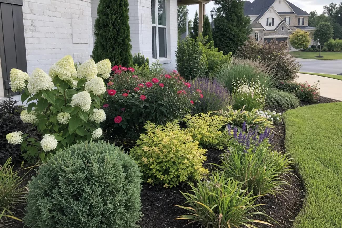 Mixed ornamental shrub planting with layered plants and mulch