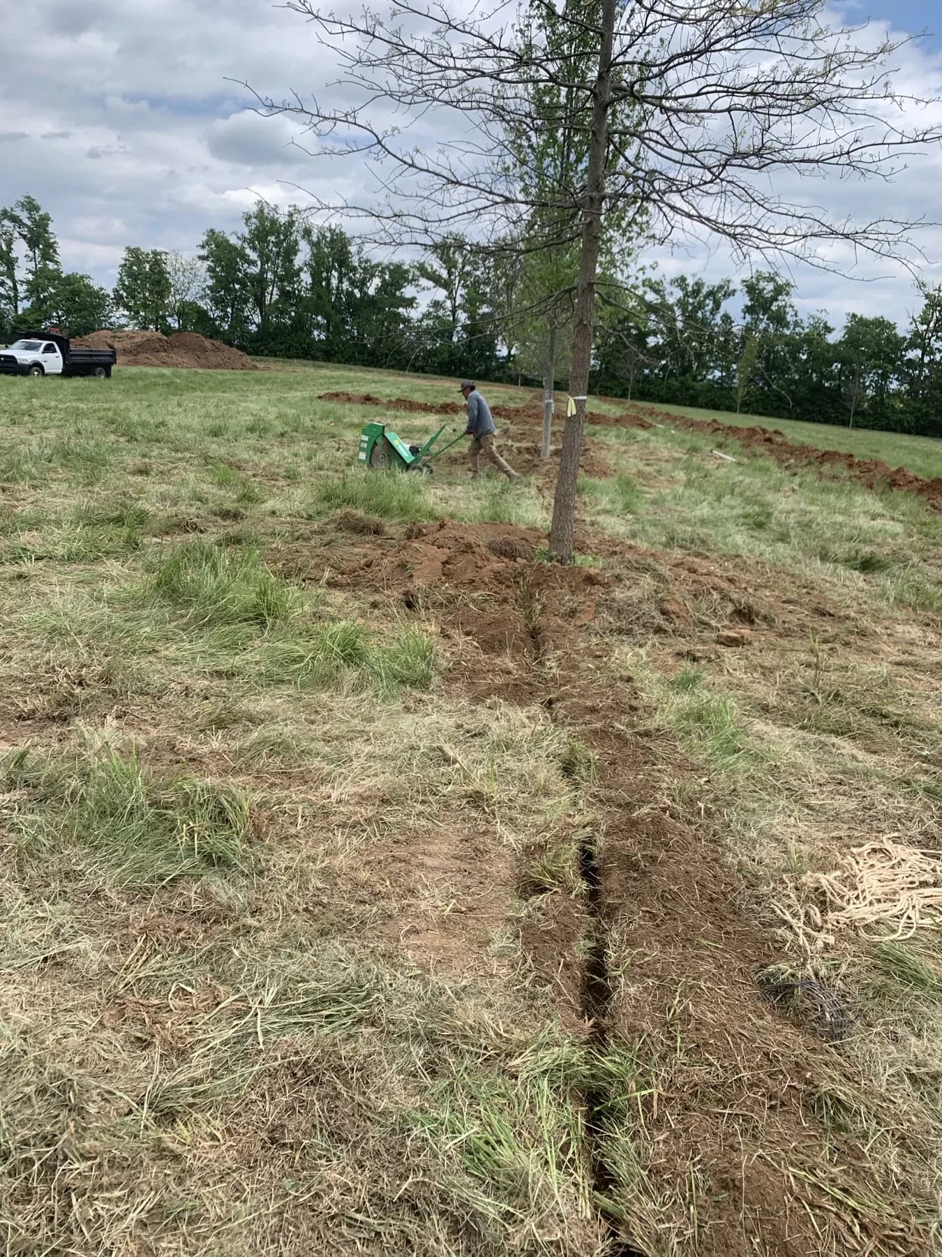 Large farm planting layout in Paris, KY with newly planted trees and equipment in the field