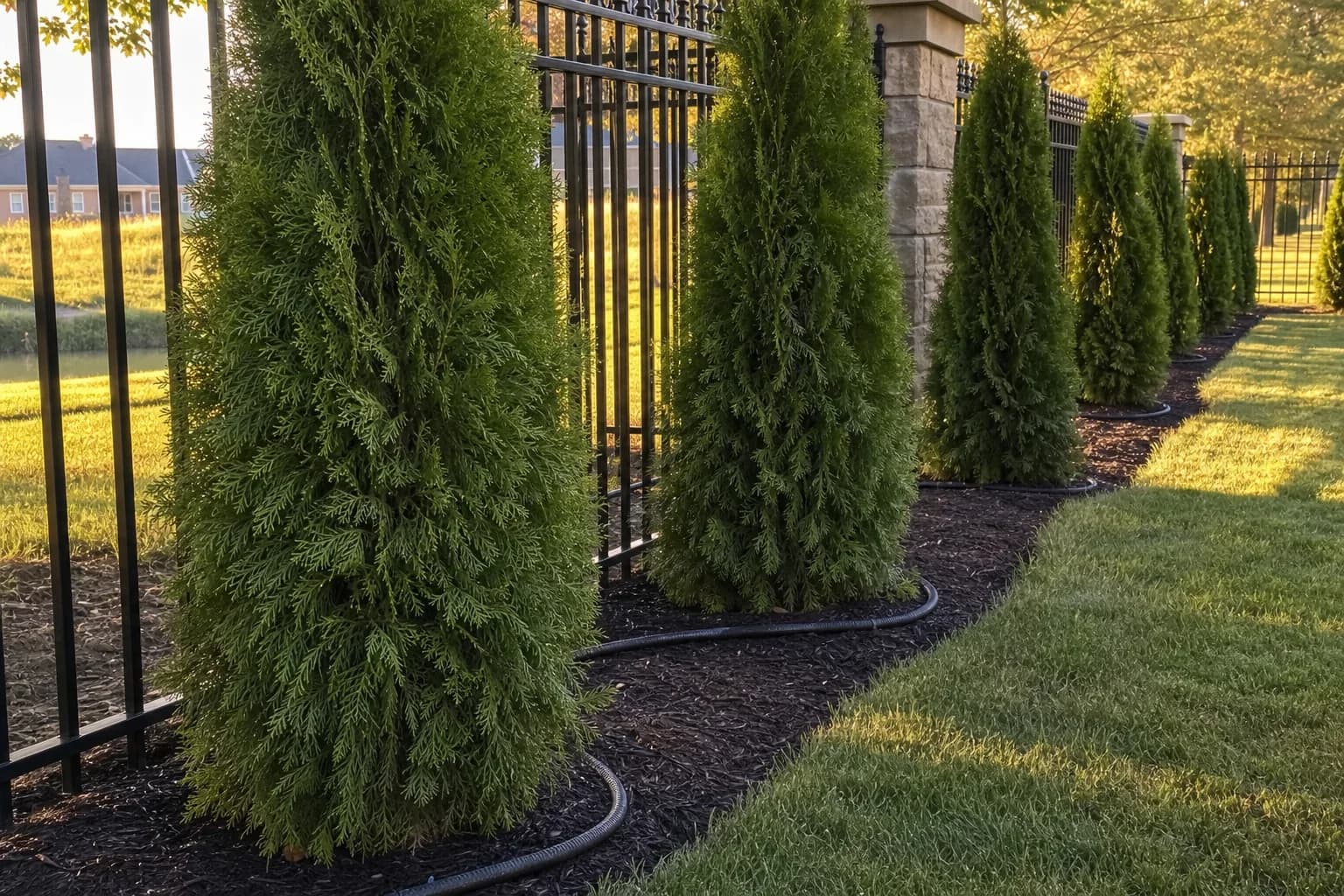 Evergreen privacy trees with watering and aftercare context