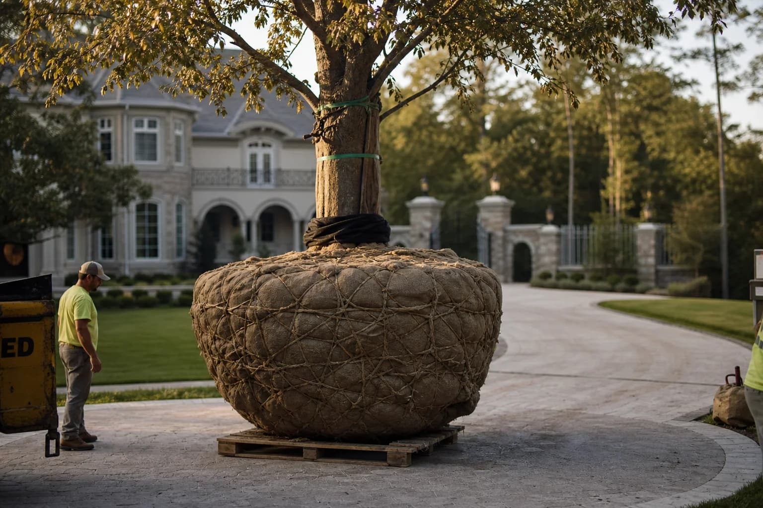 Large root ball prepared for specimen tree installation