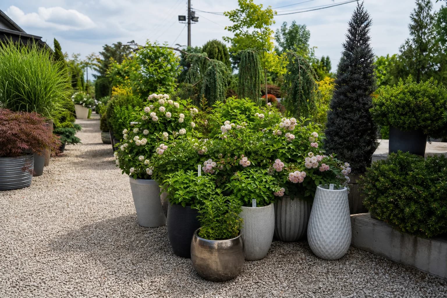 Nursery shrubs in pots ready for landscape planting