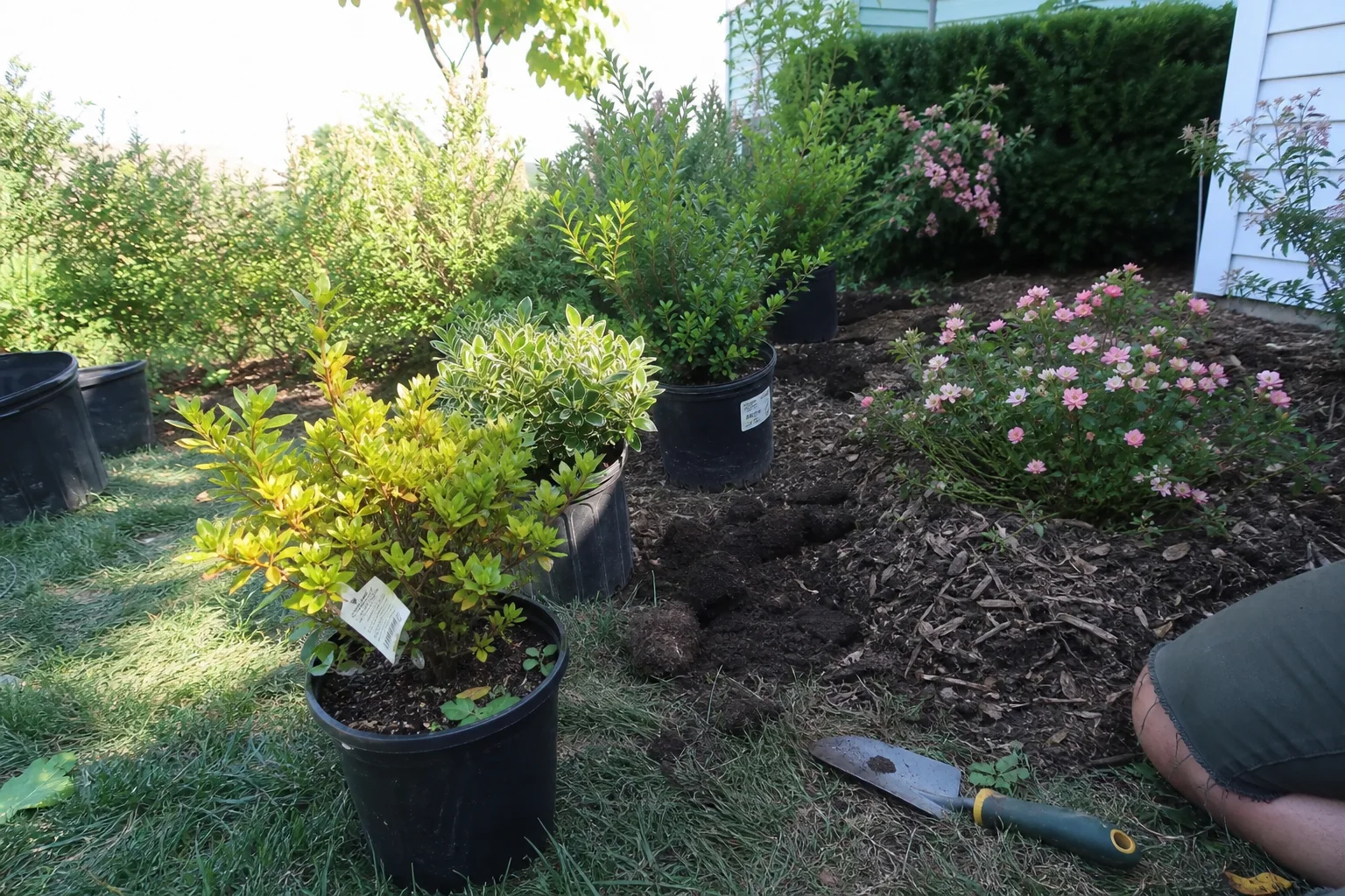 Shrub and landscape planting bed with fresh plant material and mulch