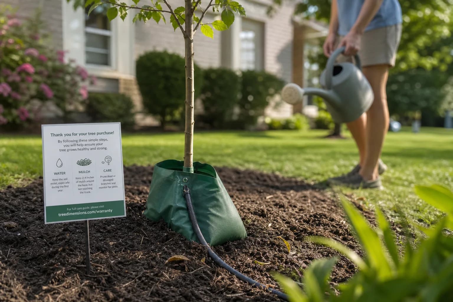 Mulched newly planted tree with watering and care context